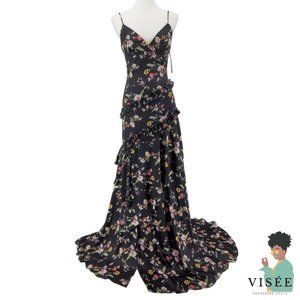 Theia Couture Floral Ruffle Raw Hem Slit Gown prom